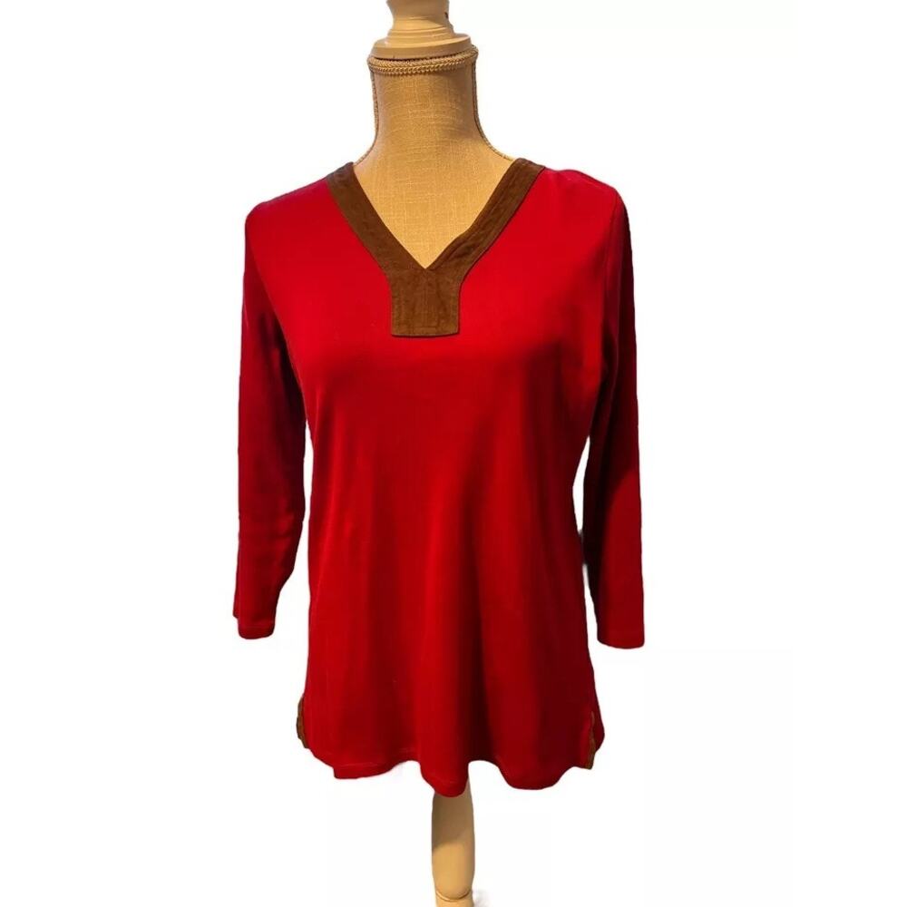 Lauren Ralph Lauren Women's Medium‎ Red Long Sleeve V-neck Top Shirt Suede Trim
